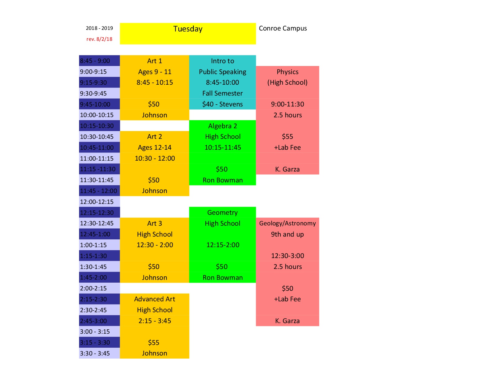 Schedules Training Center Classes